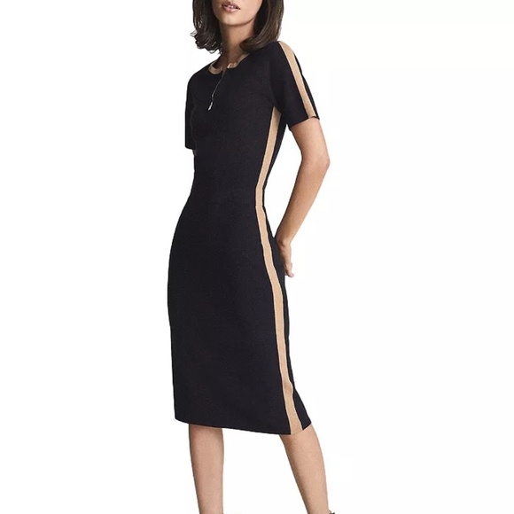 REISS Rosie Medium Knit Dress Navy and Camel - Picture 1 of 11